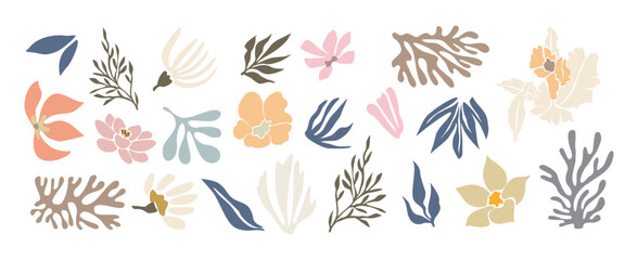 Wall Mural - Set of hand drawn shapes and floral design elements. Exotic jungle leaves, flowers and algae. Abstract contemporary modern vector illustrations in trendy danish pastel colors on white background