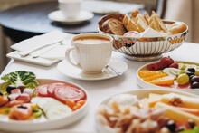 Luxury Hotel And Five Star Room Service, Various Food Platters, Bread And Coffee As In-room Breakfast For Travel And Hospitality Brand