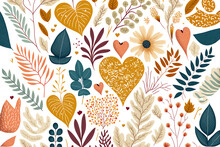 Heart And Leaves Valentine Pattern With Flowers On Transparent Background Generative Ai Digital Illustration