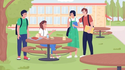 Poster - Animated outdoor lunch area. Friends talking and eating snacks. Seatings outside. Looped flat color 2D cartoon characters animation with school building on background. HD video with alpha channel