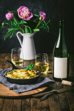 Baked Pasta in Skillet with Wine and Flowers