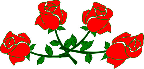 Four red roses with green stems and leaves crossed