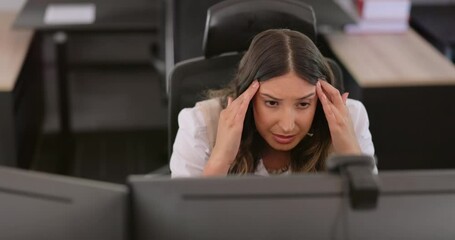 Poster - Corporate woman, headache or stress by desk in communication, mental health or depressed at job. Tired tech expert, burnout or anxiety for glitch by desktop computer while sad, thinking or frustrated