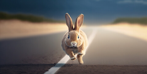 cute rabbit on the running road, jumping on the road, Generative AI