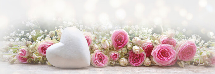 Wall Mural - Beautiful bouquet of flowers with heart and bokeh lights - mother's day, birthday, wedding - greeting card with copy space	