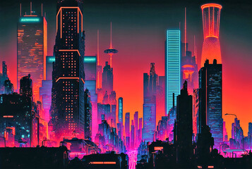 Poster - Futuristic city, cyberpunk art, urban night scenery