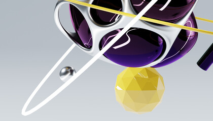 Poster - Flying abstract figures. Cloth fabric gradient waves abstract background. Iridescent glass wavy surface. Liquid surface, ripples, reflections. 3d render illustration.