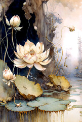 Sticker - Evening scenery, lotus flowers pond, ai artwork