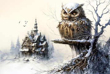 Wall Mural - winter landscape, owl on a branch, snow-covered castle
