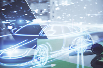 Poster - Desktop computer background in office with automobile hologram drawing. Multi exposure. Tech concept.