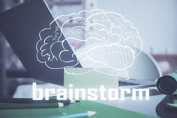 Poster - Desktop computer background in office and start up theme hologram drawing. Double exposure. Startup concept.