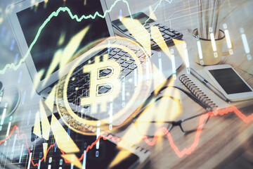 Poster - Double exposure of blockchain and crypto economy theme hologram and table with computer background. Concept of bitcoin cryptocurrency.