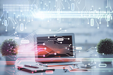 Poster - Double exposure of table with computer on background and data theme drawing. Concept of innovation.