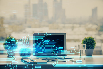 Poster - Double exposure of table with computer on background and data theme drawing. Concept of innovation.