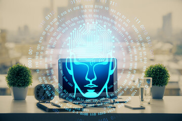 Poster - Double exposure of desktop with computer and brain drawing hologram. Artificial intelligence concept.