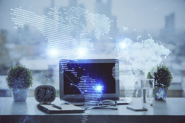 Aufkleber - Computer on desktop with social network hologram. Double exposure. Concept of international people connections.