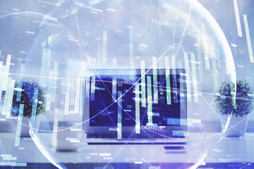 Aufkleber - Double exposure of business theme icons and work space with computer background. Concept of success.