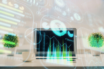 Poster - Double exposure of table with computer on background and data theme drawing. Concept of innovation.