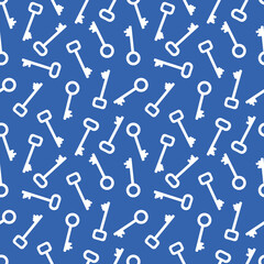 Keys silhouettes. Seamless pattern with white keys on a blue background.
