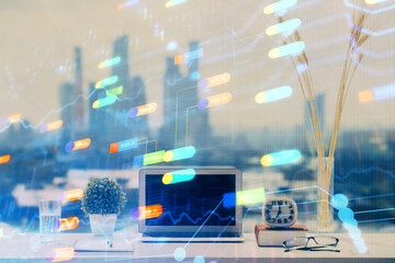Poster - Multi exposure of table with computer on background and data theme drawing. Concept of innovation.