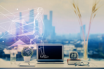 Poster - Desktop computer background in office and start up theme hologram drawing. Double exposure. Startup concept.