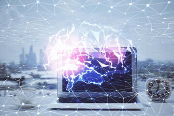 Aufkleber - Double exposure of desktop with computer and brain drawing hologram. Artificial intelligence concept.
