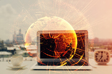Poster - Computer on desktop with social network hologram. Double exposure. Concept of international people connections.
