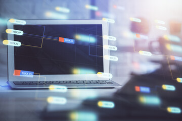 Poster - Multi exposure of desktop computer and technology theme hologram. Concept of software development.