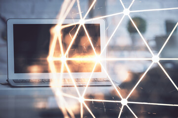 Aufkleber - Computer on desktop with social network hologram. Multi exposure. Concept of international people connections.