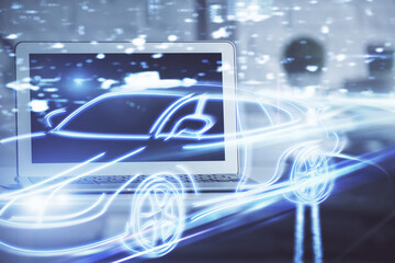 Poster - Desktop computer background in office with automobile hologram drawing. Multi exposure. Tech concept.
