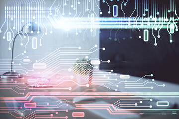 Poster - Double exposure of desktop computer and technology theme hologram. Concept of software development.