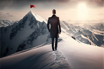 confident businessperson looking at red flag on mountain top , generative ai illustration