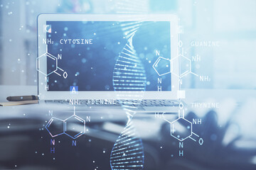 Poster - Desktop computer background and DNA drawing. Double exposure. Science concept.