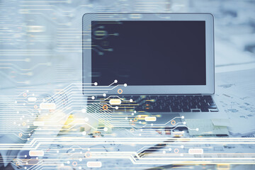 Aufkleber - Double exposure of desktop computer and technology theme hologram. Concept of software development.