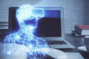 Aufkleber - Computer on desktop with AR theme icon. Multi exposure. Concept of augmented reality.