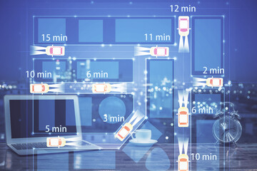 Poster - Desktop computer background in office with automobile hologram drawing. Multi exposure. Tech concept.