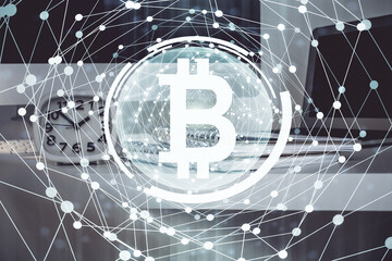 Poster - Multi exposure of blockchain theme hologram and table with computer background. Concept of bitcoin crypto currency.