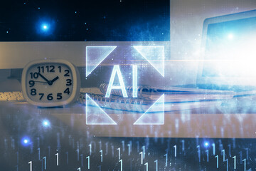 Poster - Technology theme drawing and work space with computer. Multi exposure. Concept of innovation.