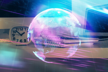 Poster - Computer on desktop in office with technology theme hologram. Multi exposure. Tech concept.