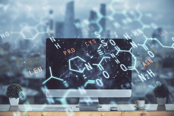 Poster - Desktop computer background and formula hologram writing. Double exposure. Education concept.