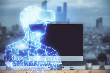 Poster - Computer on desktop with AR theme icon. Multi exposure. Concept of augmented reality.