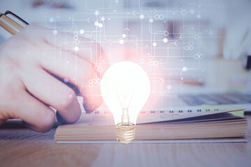 Poster - Innovative your business. Idea concept icon on writing man's hand background. Multi exposure.