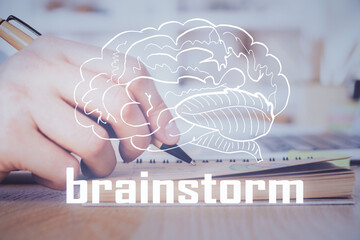 Poster - Creative start up concept hologram multi exposure with human hand background.