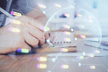 Aufkleber - Man with multi exposure global network theme icons.