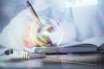 Poster - International business hologram over hands taking notes background. Concept of success. Multi exposure