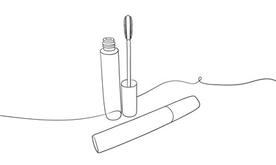 Poster - Mascara cosmetics outline. Eyeliner makeup continuous one line drawing. Decorative eyebrow cosmetics on white background