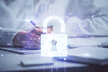 Poster - Double exposure of hands making notes with lock icons. Concept security and protection of data