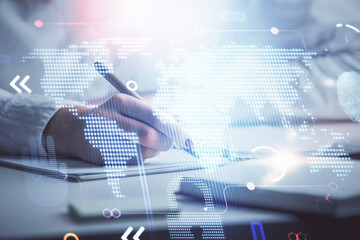 Aufkleber - Multi exposure of hands making notes with world map hologram and data theme icons. Concept of global data.