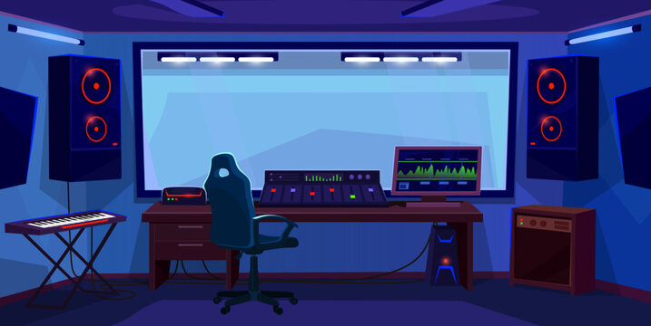 Wall Mural - Music recording studio interior design. Empty radio room with audio equipment ready for broadcast. Song production workplace for a DJ or producer with a synthesizer. Cartoon style vector illustration.