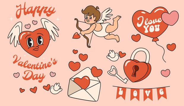Wall Mural - Set of design elements for Valentine's day. Collection of vector elements for cards, banners or posters in groovy style: cupid, heart emoticon with wings, red lock with a key, letter, dove and balloon